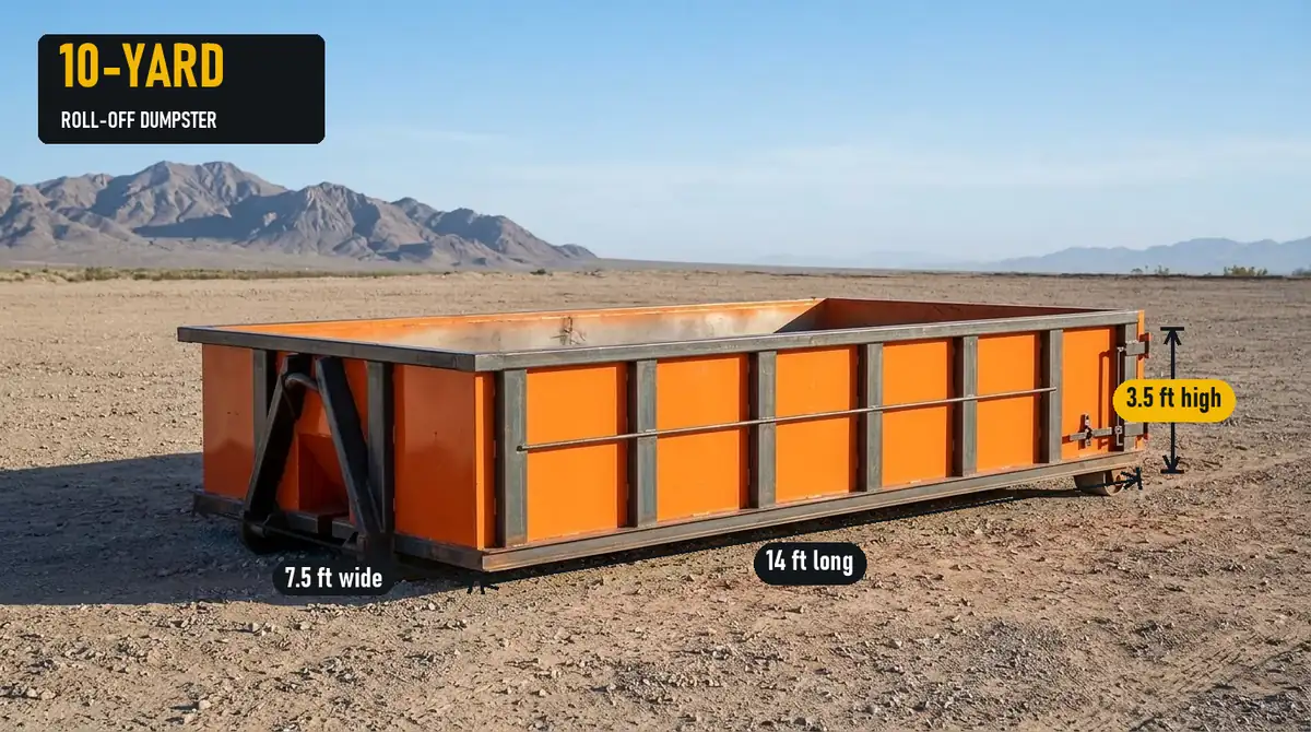 10-yard roll-off dumpster with typical length, width and height marked