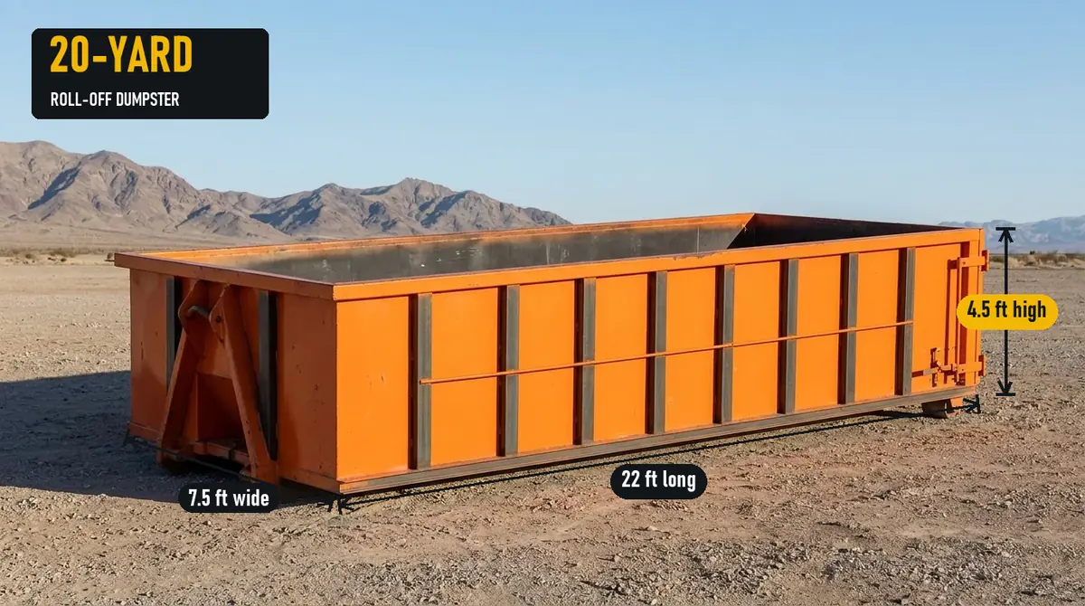 20-yard roll-off dumpster with typical length, width and height marked