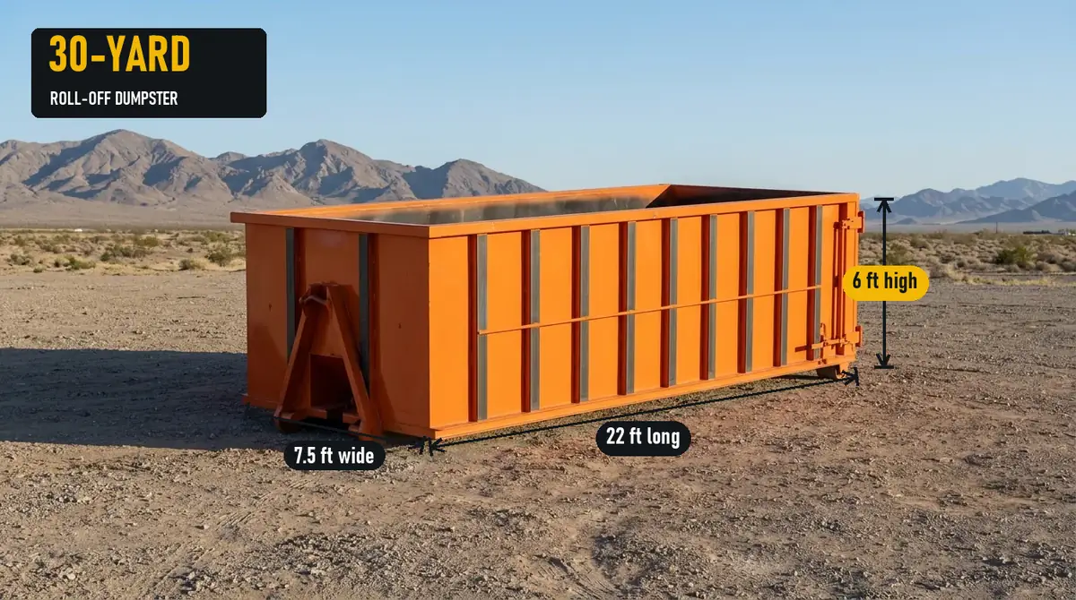 30-yard roll-off dumpster with typical length, width and height marked