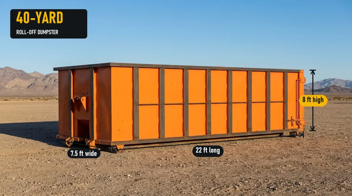 40-yard roll-off dumpster with typical length, width and height marked