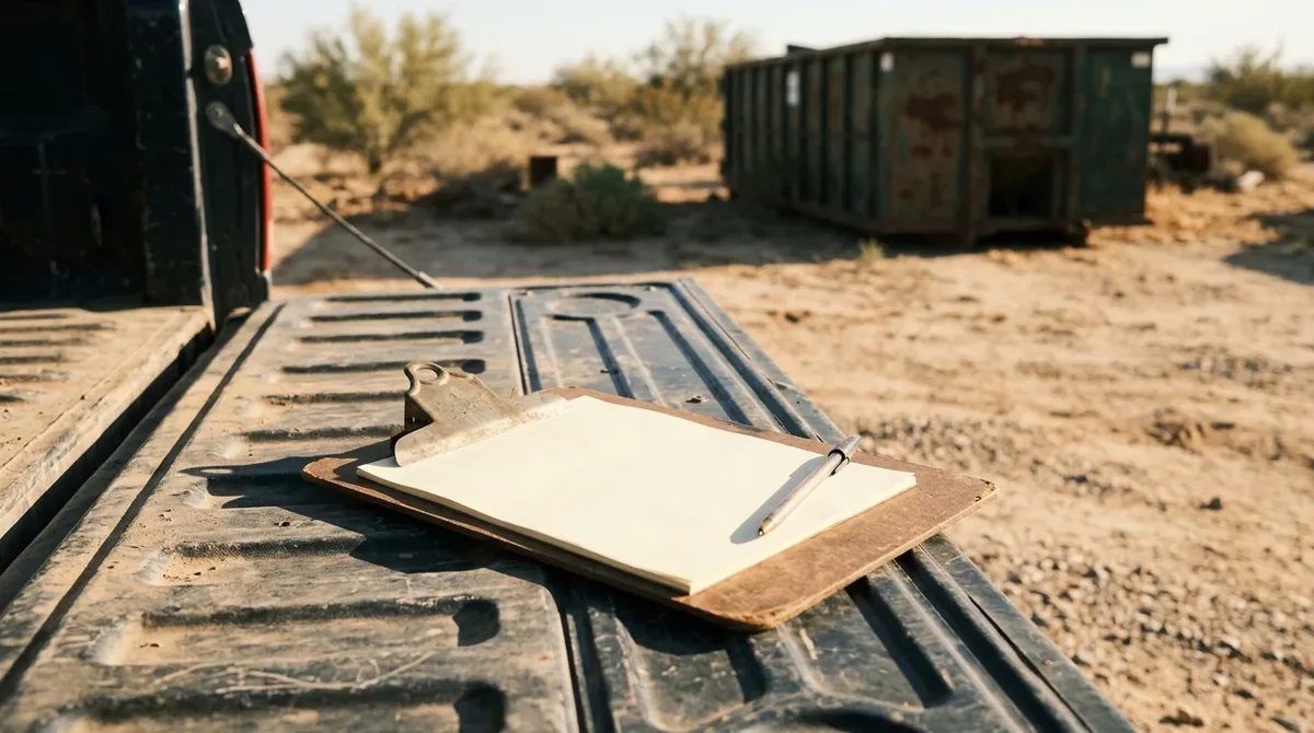 Blank clipboard and pen on a pickup tailgate with a dumpster in the background
