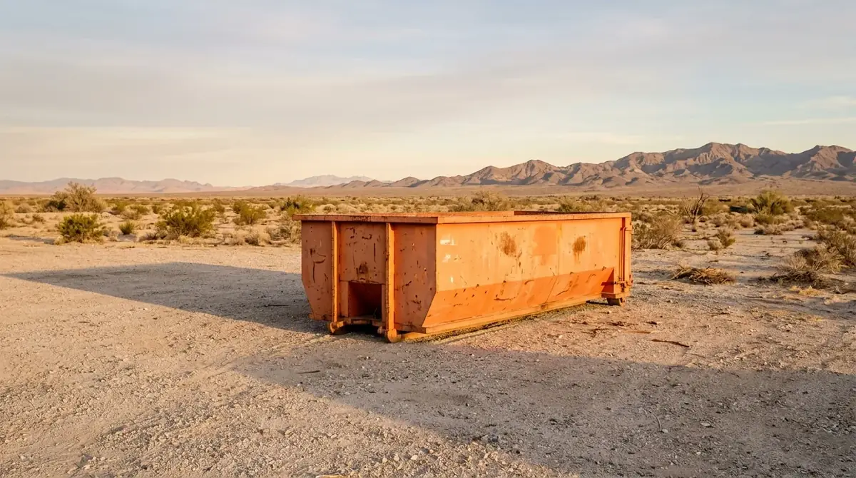 Empty orange roll-off dumpster alone on a gravel lot at sunrise
