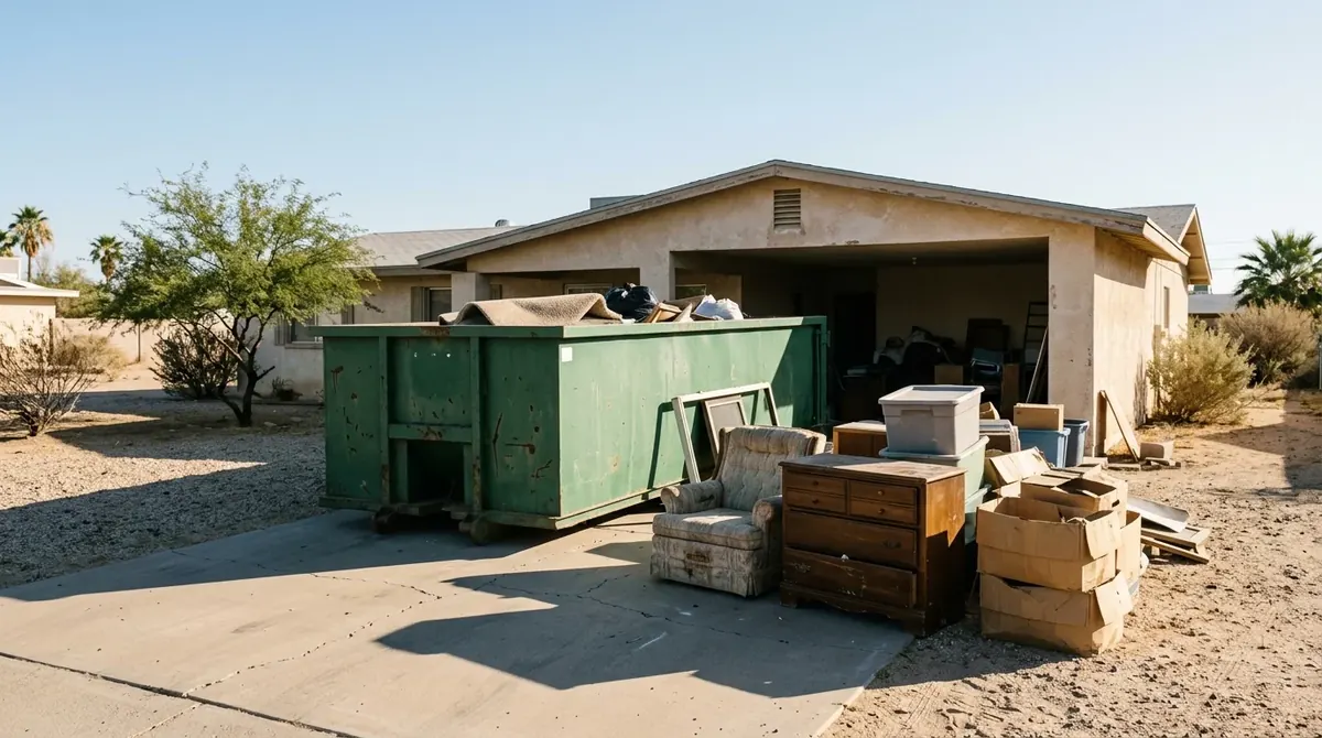 Armchair, dresser and moving boxes beside a dumpster in front of an older stucco home