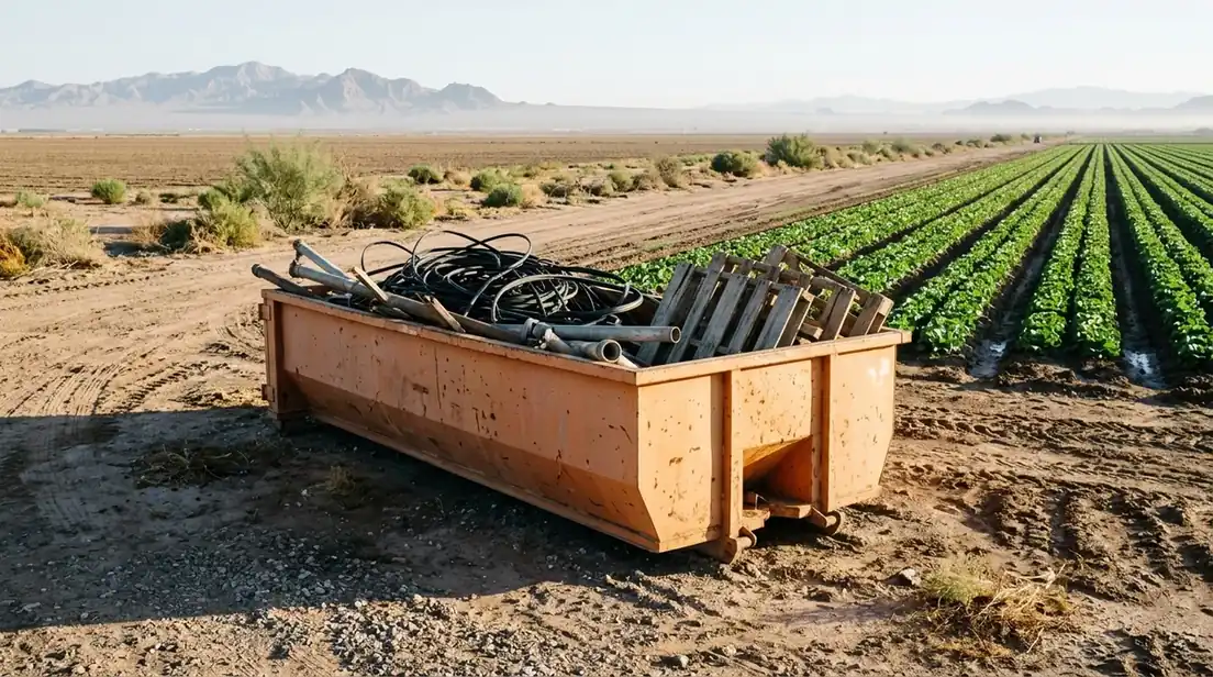 Dumpster holding old irrigation pipe, drip tape and pallets at the edge of a lettuce field