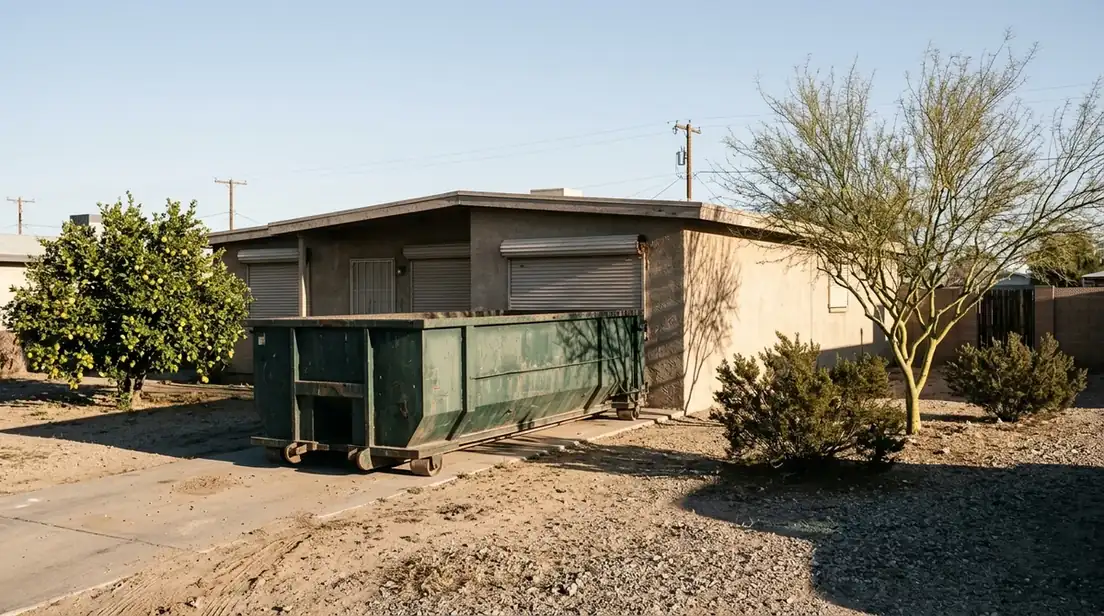 Stucco winter home with closed roll-down shutters, a lemon tree and a dumpster in the driveway