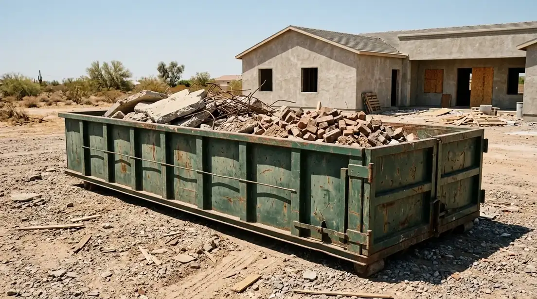 Roll-off dumpster loaded with broken concrete chunks, rebar and bricks on a desert construction lot