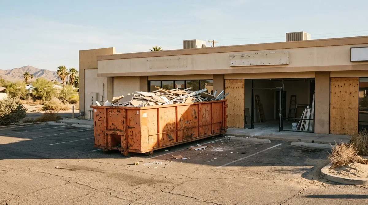40-yard dumpster full of drywall in front of a strip-mall storefront under renovation