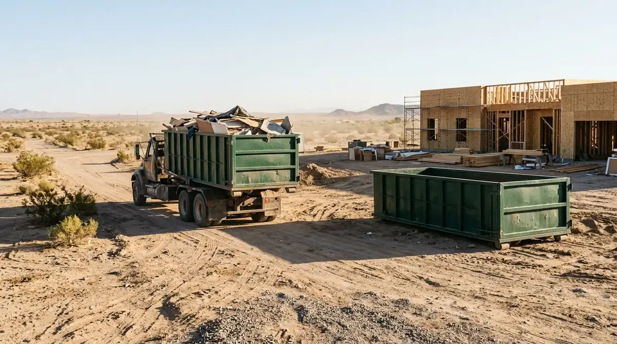 Truck hauling away a full construction dumpster while an empty one waits on site