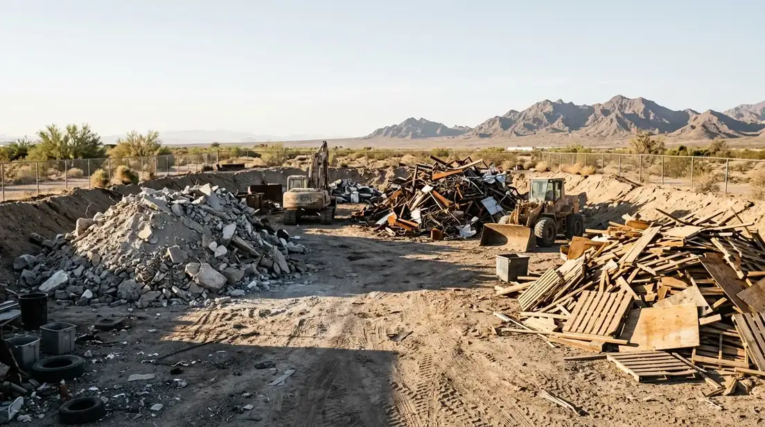 Recycling yard with separate piles of broken concrete, scrap metal and wood