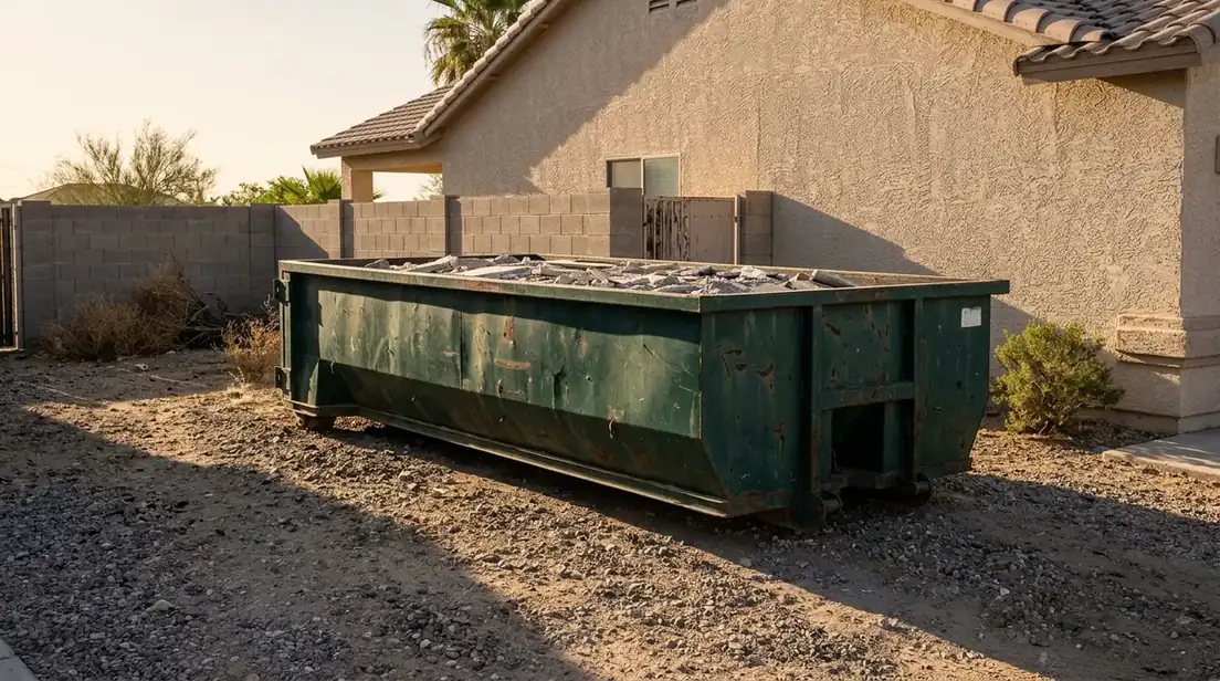 Roll-off dumpster loaded flat and level with the top rim in a side yard