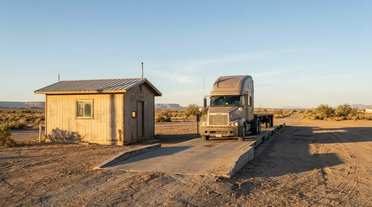 Truck stopped on a landfill weighbridge scale next to the scale house