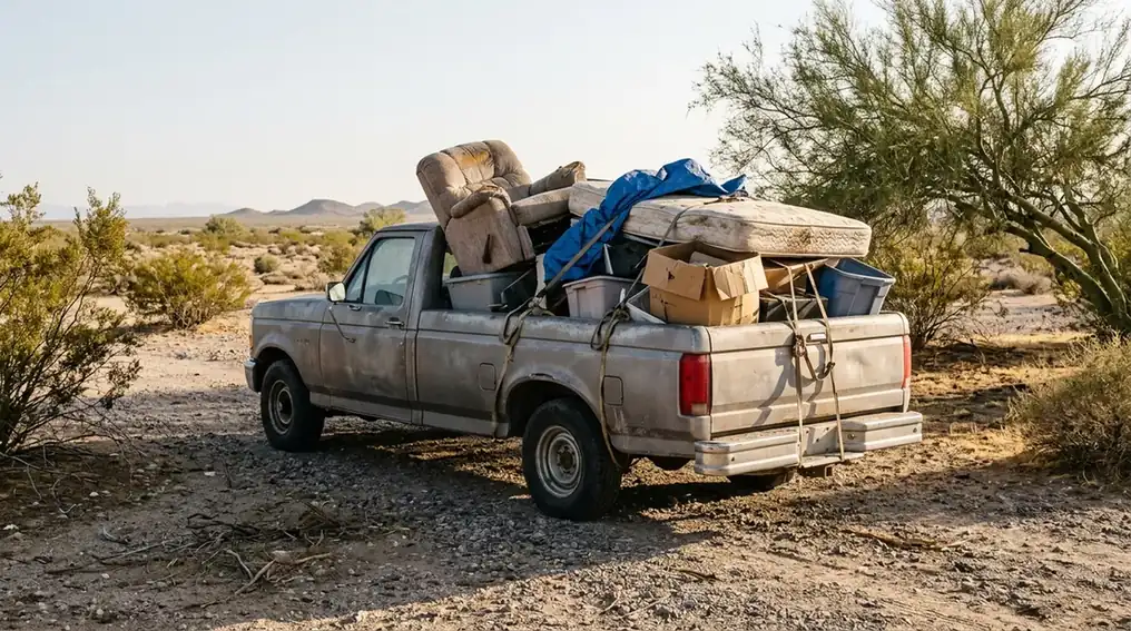 Pickup truck loaded with a recliner, a mattress and boxes for a self-haul trip