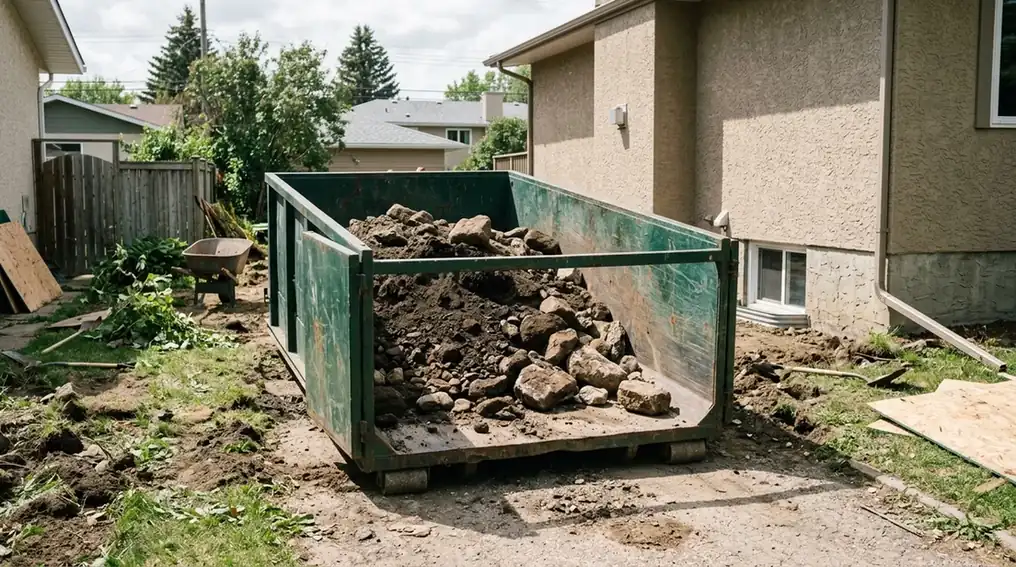 Open roll-off dumpster half full of dirt, soil and rocks from a backyard landscaping job