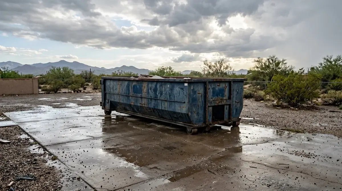 Roll-off dumpster on a wet concrete driveway after a desert monsoon rain