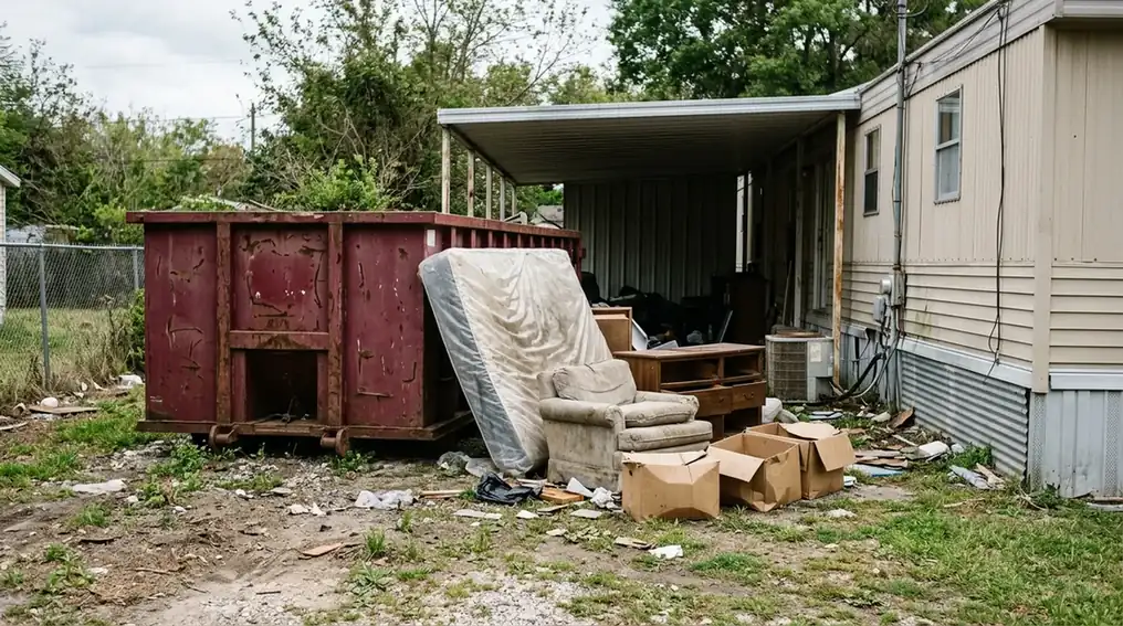 Old furniture, a wrapped mattress and boxes beside a roll-off dumpster at a manufactured home