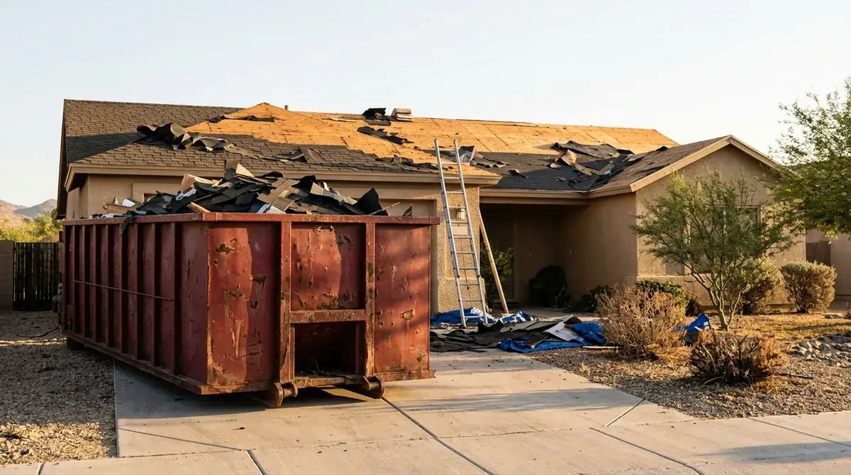 Old roofing shingles piled in a roll-off dumpster beside a single-story stucco house