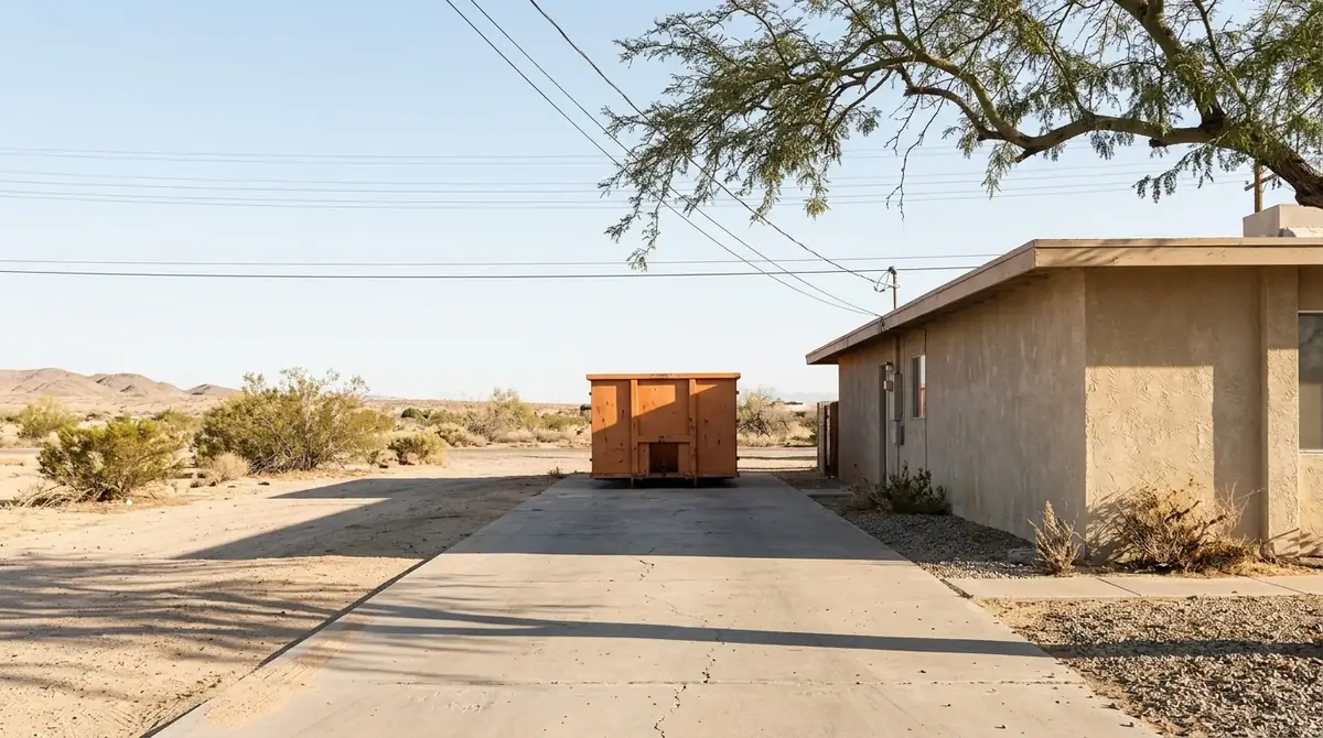 Orange roll-off dumpster at the end of a long driveway with power lines and tree branches well above